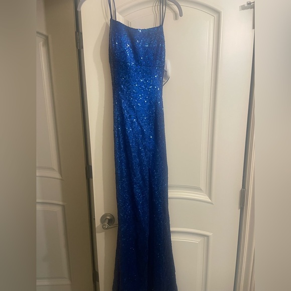 Sherri Hill Blue Sparkly prom dress. Worn once. Size 0 train & crossed back - Picture 2 of 5